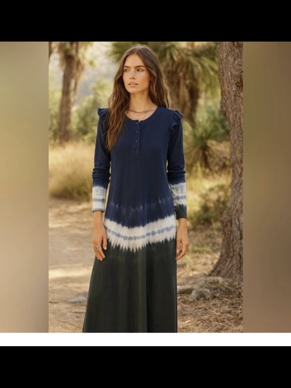 Z Supply Navy and White Tie-Dye Ruffle Shoulder Maxi Dress